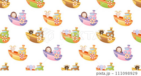 Cute little animals on boat seamless childish pattern. Funny cartoon animal character for fabric, wrapping, textile, wallpaper, apparel. Vector illustration Cute little animals on boat seamless childish pattern. Funny cartoon animal character for fabric, wrapping, textile, wallpaper, apparel. Vector illustration 111098929