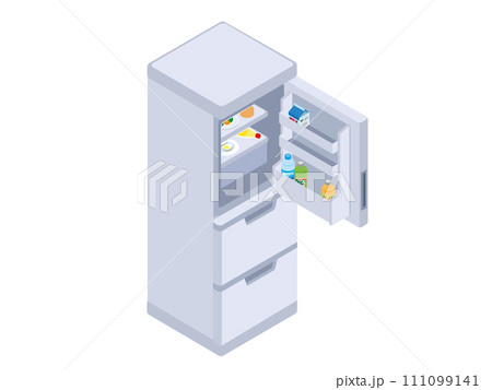 庫内に食品が入った家庭用の冷蔵庫 111099141