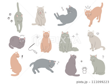 シンプルでかわいい猫のイラストセット シンプルでかわいい猫のイラストセット 111099223