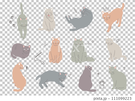 シンプルでかわいい猫のイラストセット シンプルでかわいい猫のイラストセット 111099223