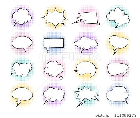 Set of comic speech bubbles. Retro empty comic bubbles with black halftone shadows. Vintage design, pop art style. Vector 111099278