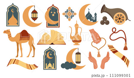 Set of icons of the Arabic Islamic holiday Ramadan. Set of icons of Islamic holiday, culture. Moon, camel, cannon, mosque, rosary, prayer book, lamp. Vector. Set of icons of the Arabic Islamic holiday Ramadan. Set of icons of Islamic holiday, culture. Moon, camel, cannon, mosque, rosary, prayer book, lamp. Vector. 111099301