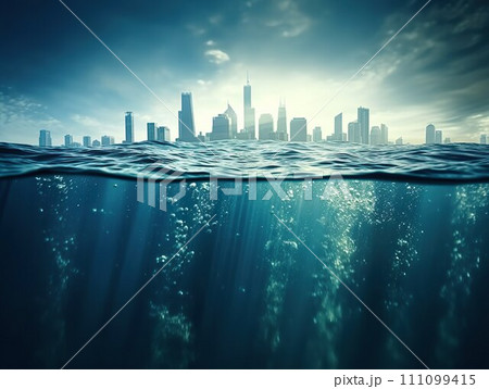 AI-generated content. Flooded city concept. City flooded after hurricane. Generative AI. AI-generated content. Flooded city concept. City flooded after hurricane. Generative AI. 111099415