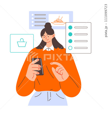 Online food ordering, woman selects food and orders delivery 111099723