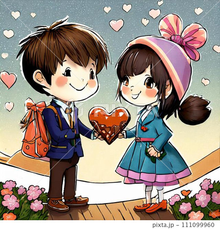 バレンタインチョコを渡す女の子と受け取る男の子 111099960