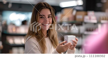 Smiling young woman shopping in a retail store. casual style, everyday life. selecting a product with joy. AI 111100302