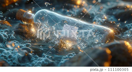 Mysterious message in a bottle adrift at sea. a concept of adventure and hope. ideal for themed artworks and backgrounds. high-quality 3D illustration. AI 111100305
