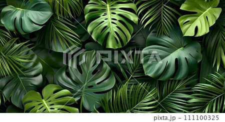 Tropical jungle foliage. dense green monstera and palm leaves. nature pattern background. perfect for design and textile. AI 111100325