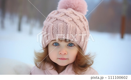 A curious young girl in a soft pink pom-pom hat gazes with bright blue eyes, winter backdrop A curious young girl in a soft pink pom-pom hat gazes with bright blue eyes, winter backdrop 111100602