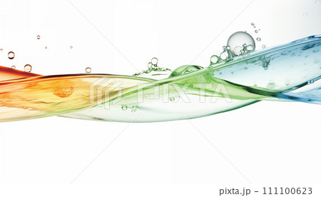 Serene wave of green, blue, and orange water bubbles on white 111100623