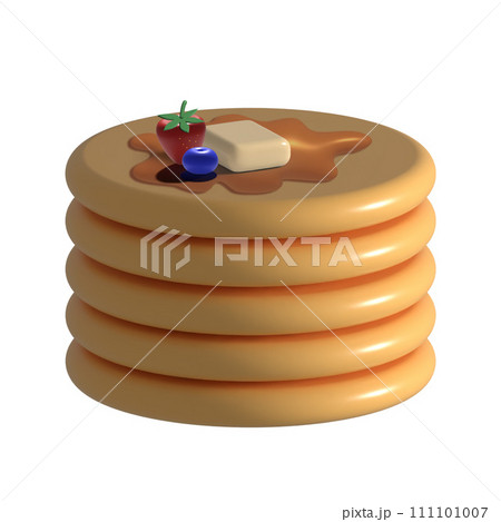 Fluffy stack of pancakes with maple syrup, butter and fresh fruit on white background 3d illustration. 111101007