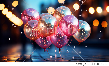 Enchanted Evening Balloons. Translucent balloons with sparkling lights inside, set against a backdrop of city bokeh, evoking a magical celebration 111101329