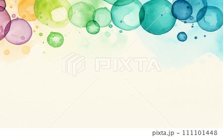 Cluster of colorful watercolor bubbles against a white background with ample space for text. 111101448