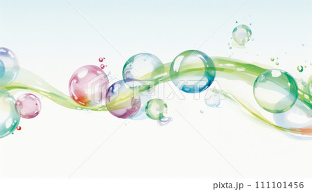 Transparent watercolor bubbles floating on a fluid pastel wave. Transparent watercolor bubbles floating on a fluid pastel wave. 111101456
