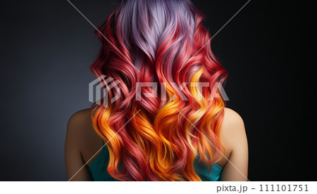 Vibrant cascade of multicolored hair, seamlessly transitioning from red to orange, purple, and teal, set against a dark backdrop 111101751