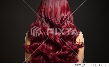 Luxurious cascade of radiant ruby-red hair flows gracefully, reflecting light with its luminous curls against a muted backdrop Luxurious cascade of radiant ruby-red hair flows gracefully, reflecting light with its luminous curls against a muted backdrop 111101785