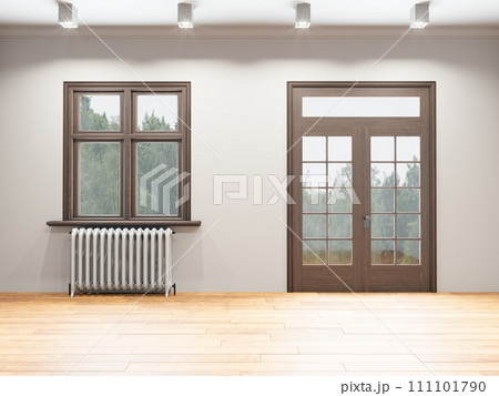 Interior of a room with a window and a radiator 111101790