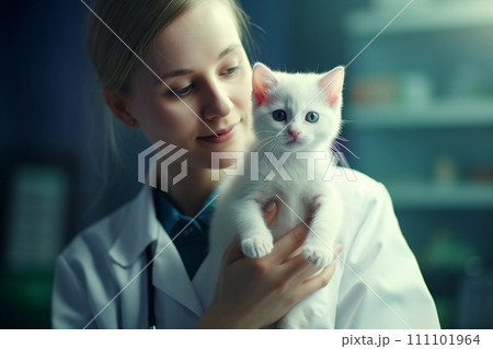 Female veterinarian carefully holding white cute kitten. Medical examining of pets. AI generated. 111101964