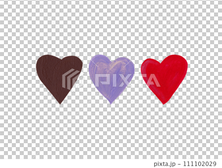Three hearts made of brown, lavender and scarlet paint. Set of handmade textures. Acrylic elements 111102029