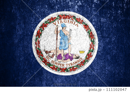 Close-up of the Wisconsin grunge flag. Dirty Wisconsin state flag on a metal surface. 111102047