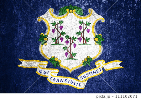 Close-up of the grunge Connecticut state flag. Dirty Connecticut state flag on a metal surface. 111102071