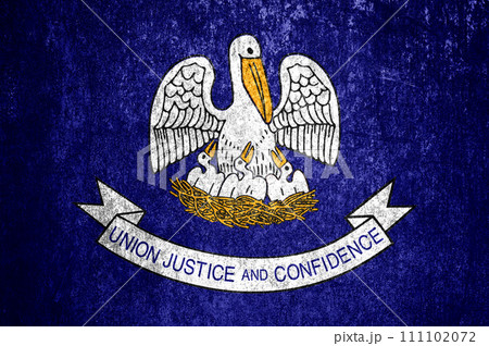 Close-up of the grunge Louisiana state flag. Dirty Louisiana state flag on a metal surface. Close-up of the grunge Louisiana state flag. Dirty Louisiana state flag on a metal surface. 111102072