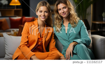 Two stylish women in vibrant orange and teal suits, exuding confidence while seated in a modern living room setting 111102117