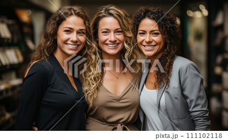 Three joyful women with curly hair, dressed in business attire, closely pose together against a backdrop of bookshelves. Three joyful women with curly hair, dressed in business attire, closely pose together against a backdrop of bookshelves. 111102118