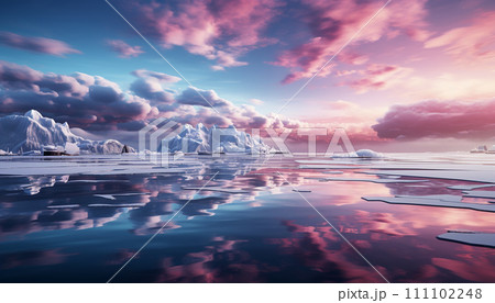 Breathtaking icy landscape under a vibrant pink sky, with pristine reflections on calm waters amid floating glaciers. 111102248