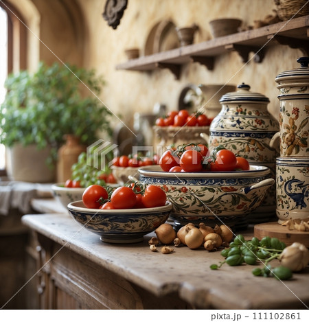 Italian traditional kitchen, still life with vegetables and ingredients 111102861