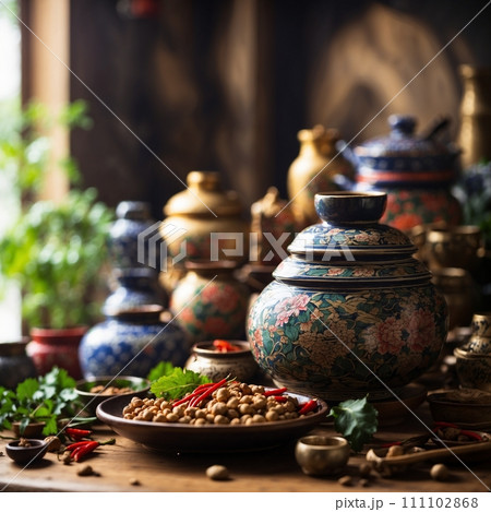 Asian traditional kitchen interior, ceramics and ingredients 111102868