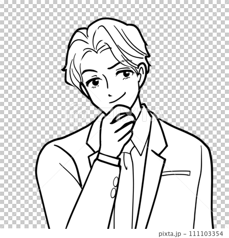 A man in a suit thinking with his hand on his chin A man in a suit thinking with his hand on his chin 111103354