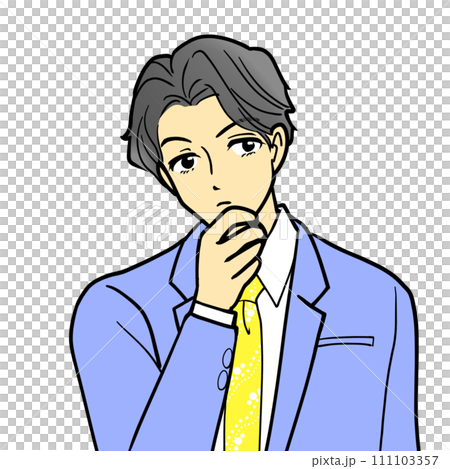 A man in a suit thinking with his hand on his chin A man in a suit thinking with his hand on his chin 111103357