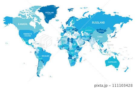 Political World Map vector illustration with different tones of blue for each country and country names in german. Editable and clearly labeled layers. 111103428