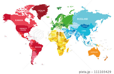 Political World Map vector illustration with different colors for each continent and different tones for each country, and country names in german. Editable and clearly labeled layers. 111103429