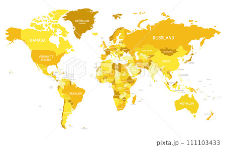 Political World Map vector illustration with different tones of yellow for each country and country names in german. Editable and clearly labeled layers. 111103433