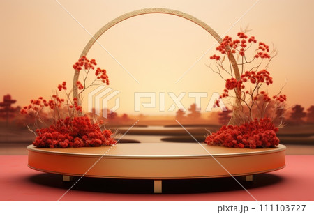 Podium round stage Chinese new year,Chinese Festivals, Mid Autumn Festival , red ,flower and asian elements with craft style on background 111103727