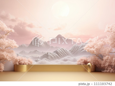 Realistic 3D render blank empty pastel pink podium with cherry blossom flower bouquet and blowing white curtain. Beauty products display, Backdrop 111103742