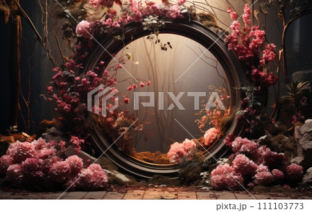 floral hoop digital backdrops. shoot set up with prop Flower and wood backdrop floral hoop digital backdrops. shoot set up with prop Flower and wood backdrop 111103773