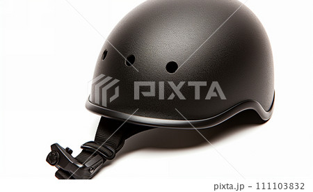Matte black motorcycle helmet with strap on a white background. 111103832