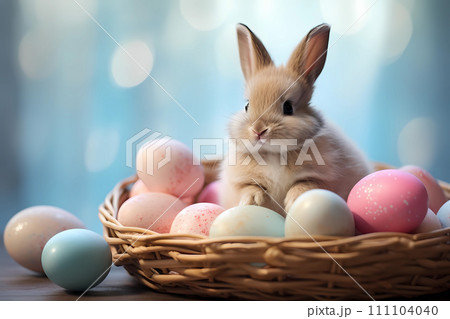 Cute bunny with painted Easter eggs in wicker basket 111104040