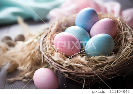 Wicker basket with painted Easter eggs 111104042