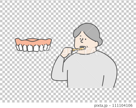 口腔ケアをする高齢女性と入れ歯のイラスト 111104106