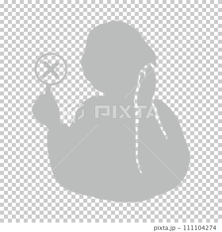 頬に手を当てバツの札をあげるシニア女性のシルエットイラスト　グレー 111104274