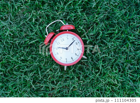 Red classic alarm clock lying on green grass closeup 111104305