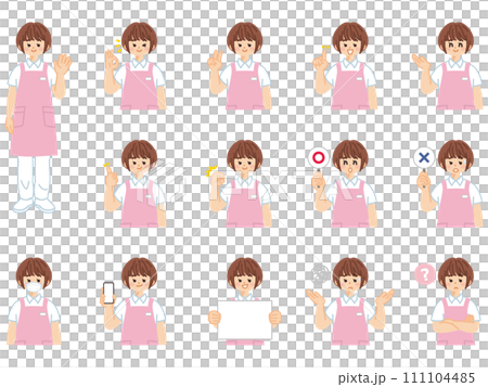 Female caregiver facial expressions and gestures illustration material set 111104485