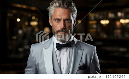 Elegant gentleman with silver hair in a light blue suit, wearing a bowtie, stands confidently against a luxurious interior backdrop. 111105243