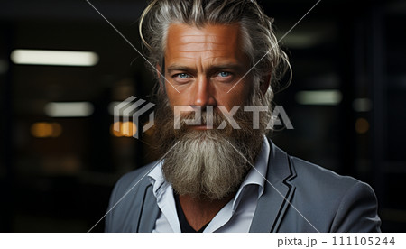 Intense close-up of a mature man with striking blue eyes and a voluminous beard, dressed in a tailored gray suit against an urban backdrop. 111105244