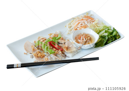 Plate with asiatic homemade food isolated on white 111105926