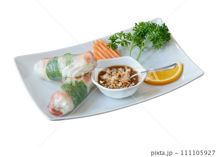 Plate with asiatic homemade food isolated on white 111105927